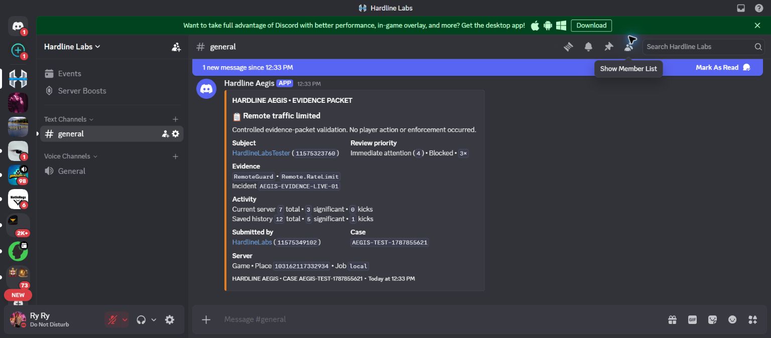 Aegis Discord evidence dossier with incident details