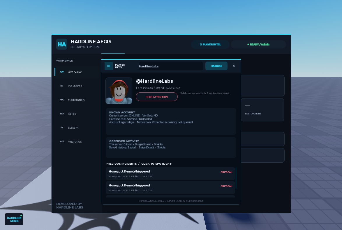 Aegis player intelligence profile showing account context and incident history