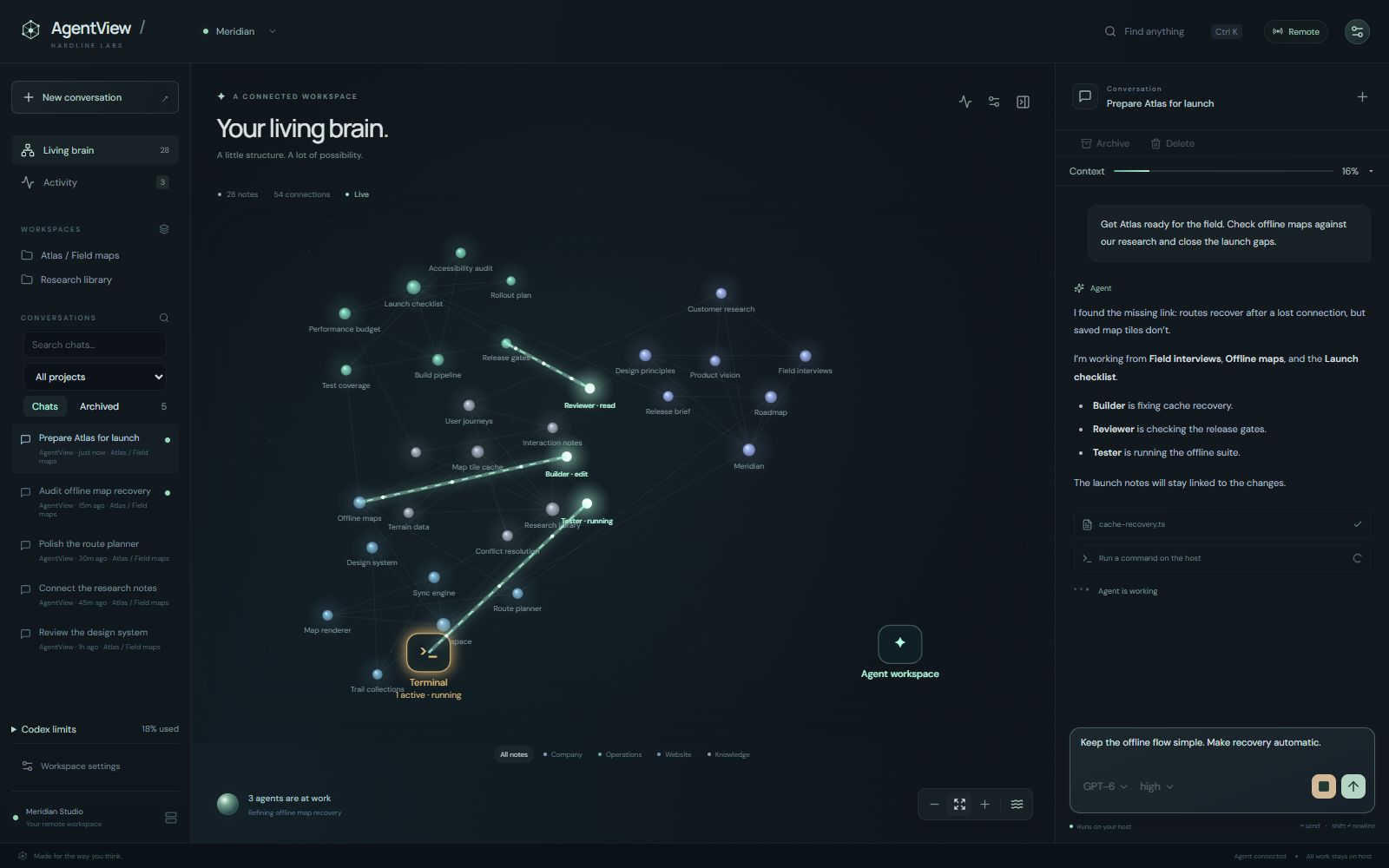 AgentView preparing the fictional Atlas project for launch, with connected project context, active agents, and conversation steering controls
